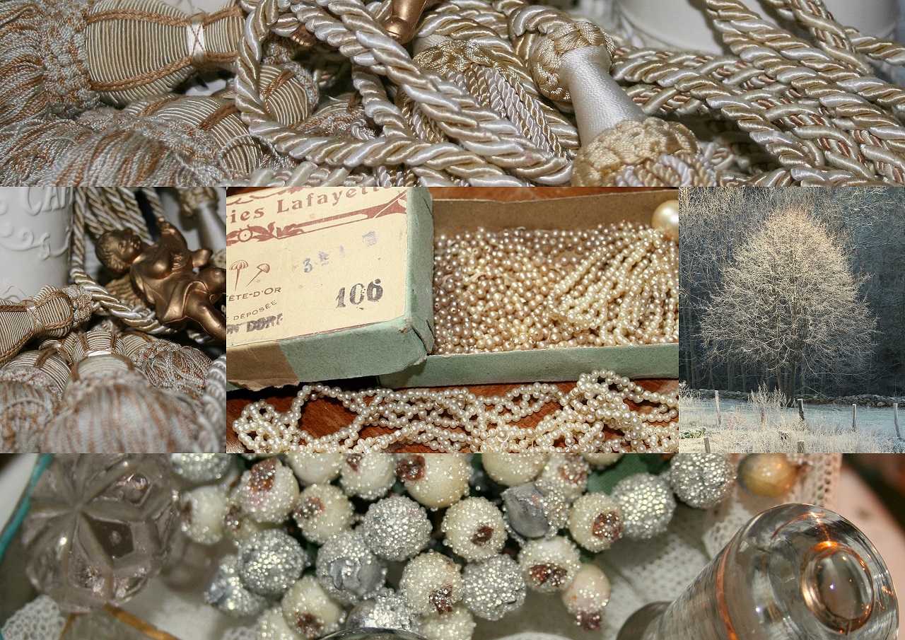 Joyeux Noël et Bonne année 2014 avec des Perles anciennes, passementerie chinée, arbre givré, décors de Noël ancien